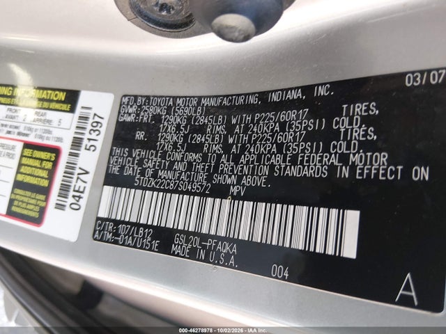 Продаж на аукціоні авто 2007 Toyota Sienna Xle Limited, vin: 5TDZK22C87S049572, номер лоту: 46278978