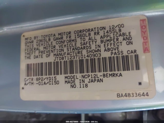 Aukcja sprzedaży 2001 Toyota Echo, vin: JTDBT123710140903, numer aukcji: 46278980