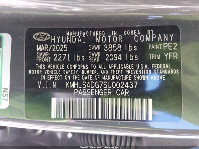 Auction sale of the 2025 Hyundai Elantra Sel Convenience, vin: KMHLS4DG7SU002437, lot number: 46278989