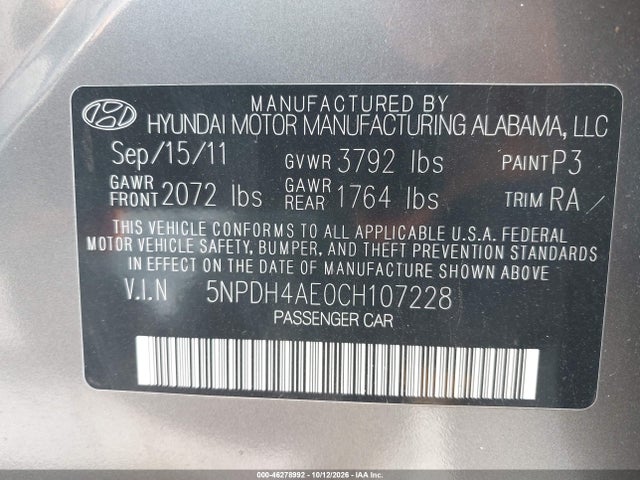 Продаж на аукціоні авто 2012 Hyundai Elantra Gls, vin: 5NPDH4AE0CH107228, номер лоту: 46278992