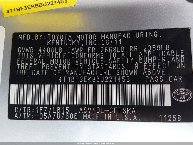 2011 Toyota Camry Se მანქანა იყიდება აუქციონზე, vin: 4T1BF3EK8BU221453, აუქციონის ნომერი: 46279007