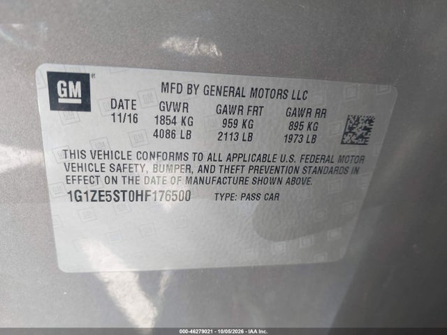 46279021 :رقم المزاد ، 1G1ZE5ST0HF176500 vin ، 2017 Chevrolet Malibu 1lt مزاد بيع