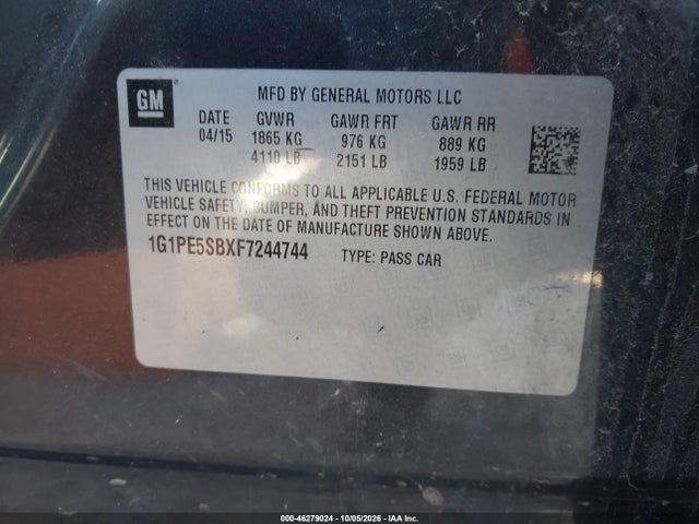 46279024 :رقم المزاد ، 1G1PE5SBXF7244744 vin ، 2015 Chevrolet Cruze 2lt Auto مزاد بيع