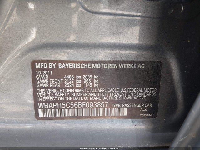 46279039 :رقم المزاد ، WBAPH5C56BF093857 vin ، 2011 Bmw 328i مزاد بيع