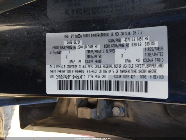 2025 Mazda Mazda3 2.5 S Select Sport მანქანა იყიდება აუქციონზე, vin: 3MZBPABM1SM450411, აუქციონის ნომერი: 46279049