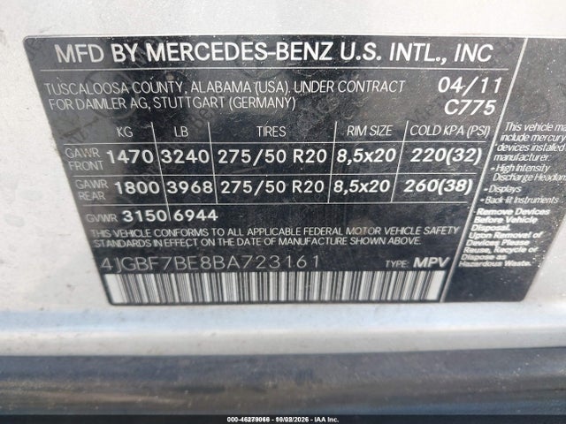 Продаж на аукціоні авто 2011 Mercedes-benz Gl 450 4matic, vin: 4JGBF7BE8BA723161, номер лоту: 46279066