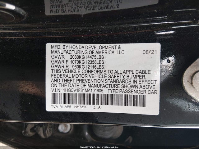 2021 Honda Accord Sport მანქანა იყიდება აუქციონზე, vin: 1HGCV1F31MA101605, აუქციონის ნომერი: 46279067