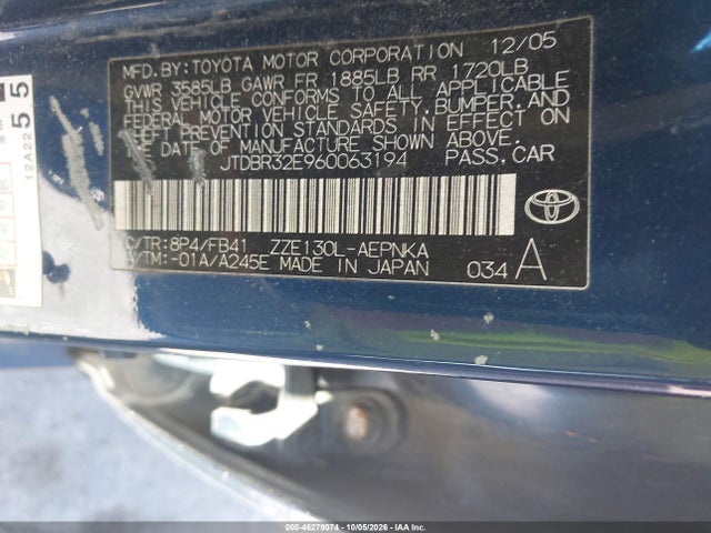 Aukcja sprzedaży 2006 Toyota Corolla Le, vin: JTDBR32E960063194, numer aukcji: 46279074