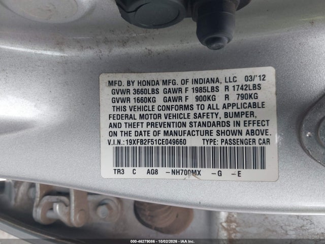 Продаж на аукціоні авто 2012 Honda Civic Lx, vin: 19XFB2F51CE049660, номер лоту: 46279086