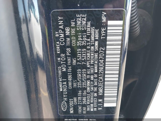 46279105 :رقم المزاد ، KM8JECA12NU047072 vin ، 2022 Hyundai Tucson Hybrid Limited مزاد بيع
