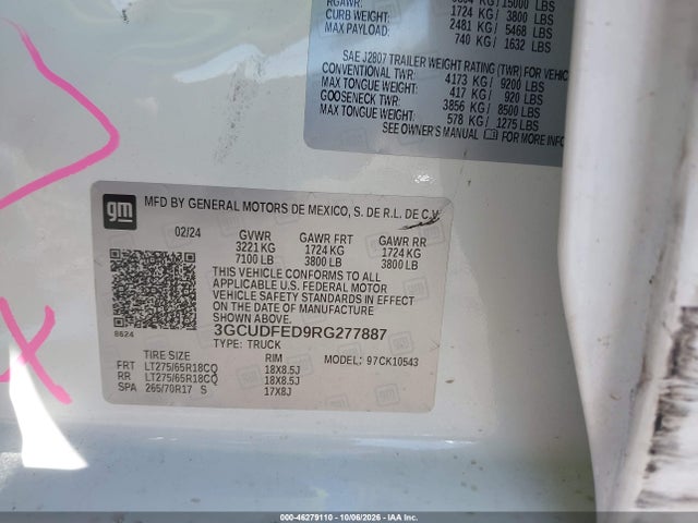 Aukcja sprzedaży 2024 Chevrolet Silverado 1500, vin: 3GCUDFED9RG277887, numer aukcji: 46279110