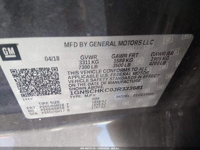 Продаж на аукціоні авто 2018 Chevrolet Suburban Lt, vin: 1GNSCHKC0JR333681, номер лоту: 46279116