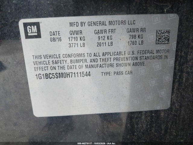 46279117 :رقم المزاد ، 1G1BC5SM0H7111544 vin ، 2017 Chevrolet Cruze Ls Auto مزاد بيع