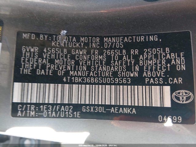 Продажа на аукционе авто 2005 Toyota Avalon Xl, vin: 4T1BK36B65U059563, номер лота: 46279119