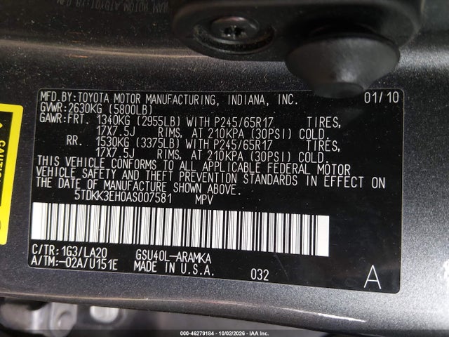 Aukcja sprzedaży 2010 Toyota Highlander Se V6, vin: 5TDKK3EH0AS007581, numer aukcji: 46279184