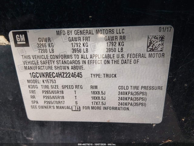 Продажа на аукционе авто 2017 Chevrolet Silverado 1500 1lt, vin: 1GCVKREC4HZ224645, номер лота: 46279215