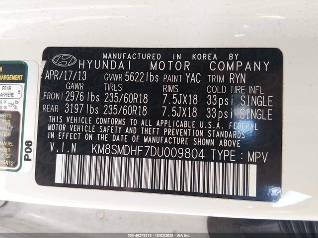 Aukcja sprzedaży 2013 Hyundai Santa Fe Gls, vin: KM8SMDHF7DU009804, numer aukcji: 46279219