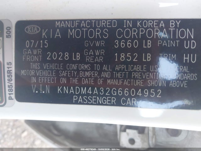 Aukcja sprzedaży 2016 Kia Rio Lx, vin: KNADM4A32G6604952, numer aukcji: 46279249
