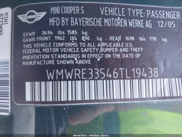 Продаж на аукціоні авто 2006 Mini Cooper S, vin: WMWRE33546TL19438, номер лоту: 46279270
