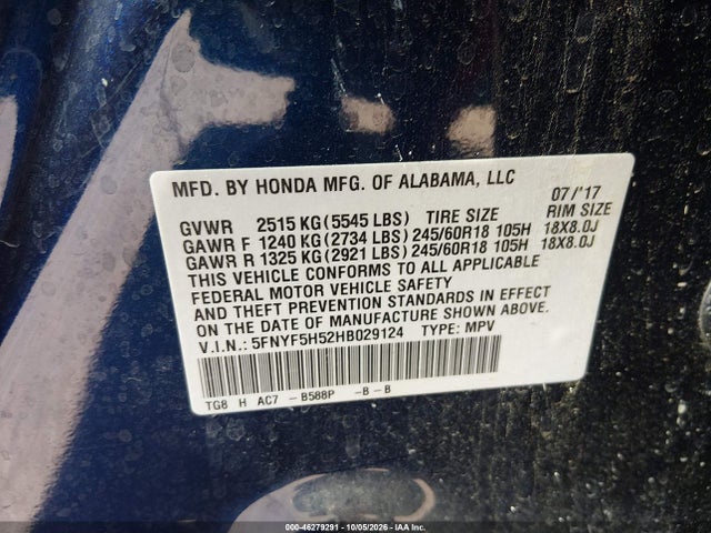Honda Pilot Ex-l 2017 5FNYF5H52HB029124 Image 9