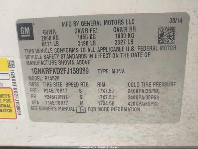 Продажа на аукционе авто 2015 Chevrolet Traverse Ls, vin: 1GNKRFKD2FJ158089, номер лота: 46279303
