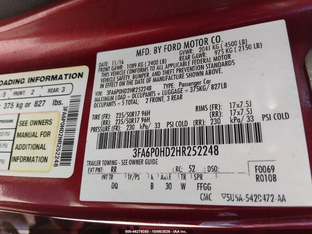 Продаж на аукціоні авто 2017 Ford Fusion Se, vin: 3FA6P0HD2HR252248, номер лоту: 46279350