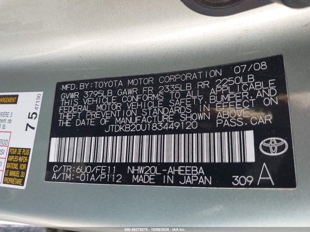 46279370 :رقم المزاد ، JTDKB20U183449120 vin ، 2008 Toyota Prius مزاد بيع