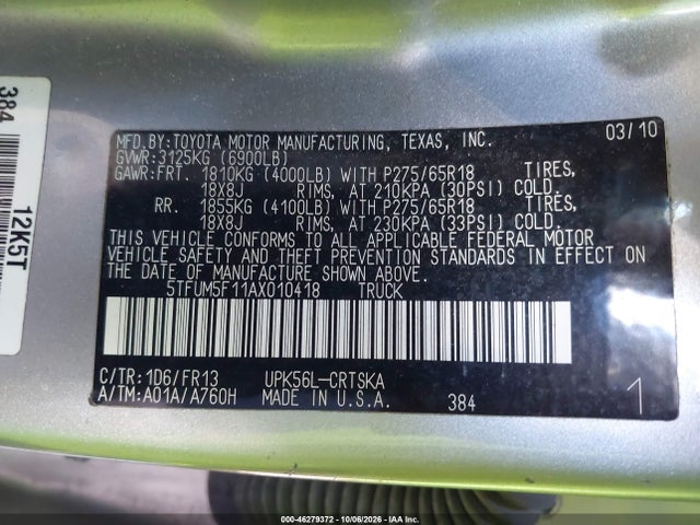 46279372 :رقم المزاد ، 5TFUM5F11AX010418 vin ، 2010 Toyota Tundra Grade 4.6l V8 مزاد بيع