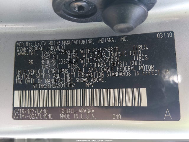 Aukcja sprzedaży 2010 Toyota Highlander Limited V6, vin: 5TDYK3EH0AS011057, numer aukcji: 46279416