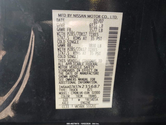 46279418 :رقم المزاد ، 1N6AA07B37N235687 vin ، 2007 Nissan Titan Le مزاد بيع