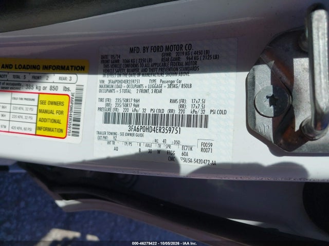 2014 Ford Fusion Se მანქანა იყიდება აუქციონზე, vin: 3FA6P0HD4ER359751, აუქციონის ნომერი: 46279422