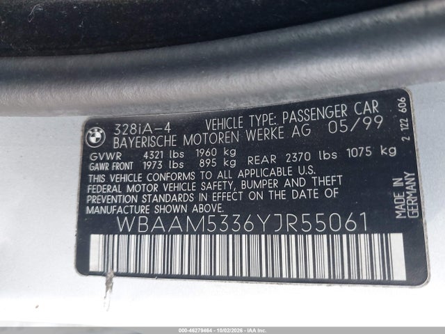 2000 Bmw 328i მანქანა იყიდება აუქციონზე, vin: WBAAM5336YJR55061, აუქციონის ნომერი: 46279464
