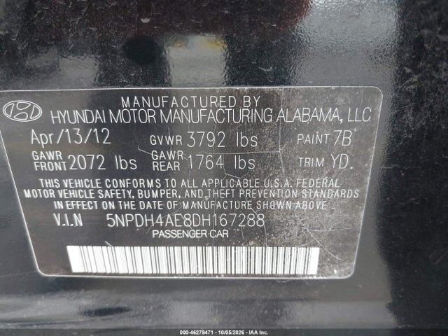 Продаж на аукціоні авто 2013 Hyundai Elantra Gls, vin: 5NPDH4AE8DH167288, номер лоту: 46279471