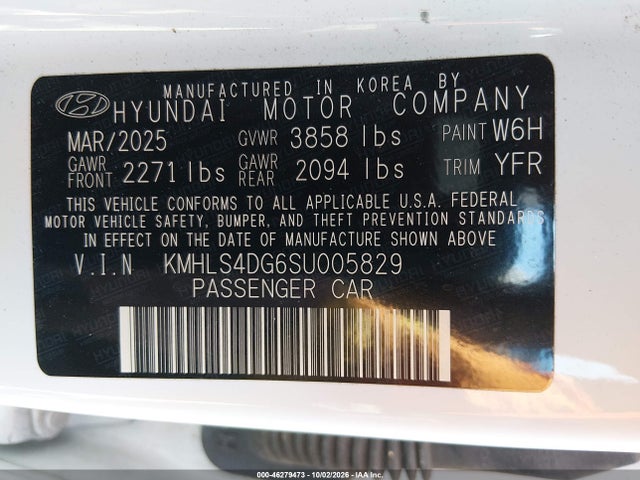 Aukcja sprzedaży 2025 Hyundai Elantra Sel Convenience, vin: KMHLS4DG6SU005829, numer aukcji: 46279473