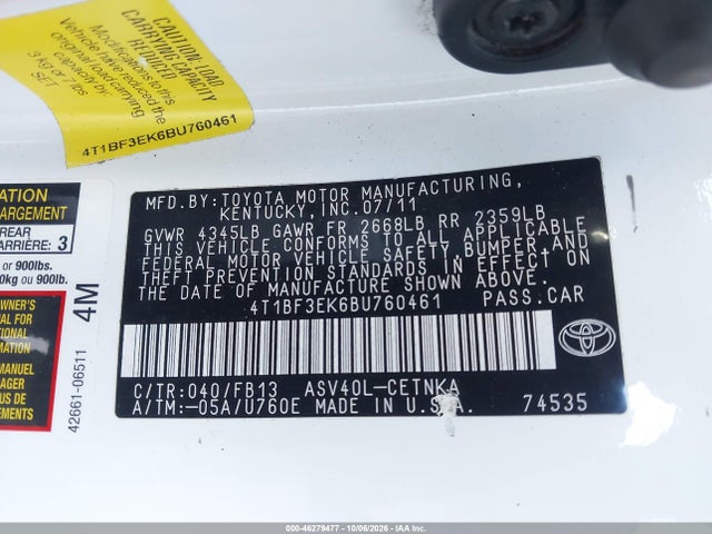 Продаж на аукціоні авто 2011 Toyota Camry Le, vin: 4T1BF3EK6BU760461, номер лоту: 46279477