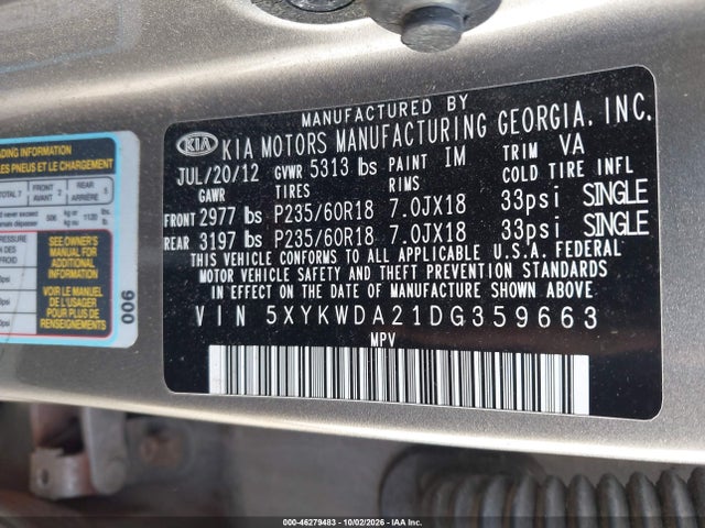 46279483 :رقم المزاد ، 5XYKWDA21DG359663 vin ، 2013 Kia Sorento Sx V6 مزاد بيع