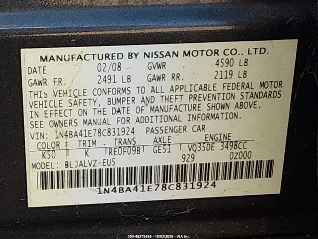 Продаж на аукціоні авто 2008 Nissan Maxima 3.5 Se, vin: 1N4BA41E78C831924, номер лоту: 46279496