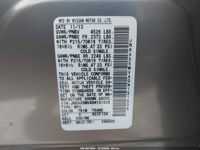 Aukcja sprzedaży 2013 Nissan Rogue S, vin: JN8AS5MV4DW151626, numer aukcji: 46279504