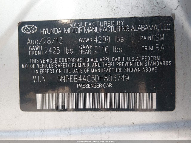 Продаж на аукціоні авто 2013 Hyundai Sonata Gls, vin: 5NPEB4AC5DH803749, номер лоту: 46279508