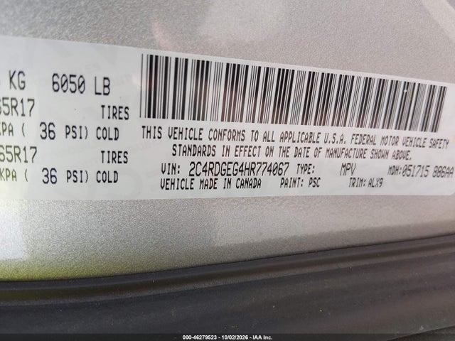 Продажа на аукционе авто 2017 Dodge Grand Caravan Gt, vin: 2C4RDGEG4HR774067, номер лота: 46279523