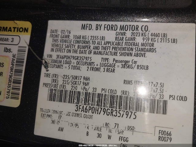 2016 Ford Fusion Se მანქანა იყიდება აუქციონზე, vin: 3FA6P0H79GR357975, აუქციონის ნომერი: 46279539