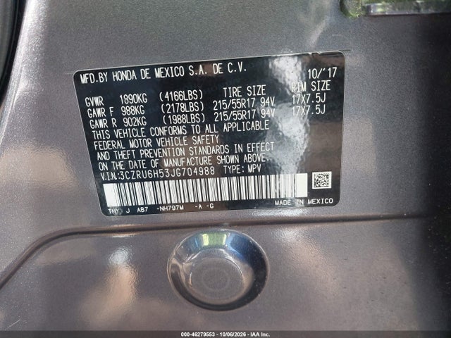 46279553 :رقم المزاد ، 3CZRU6H53JG704988 vin ، 2018 Honda Hr-v Ex مزاد بيع