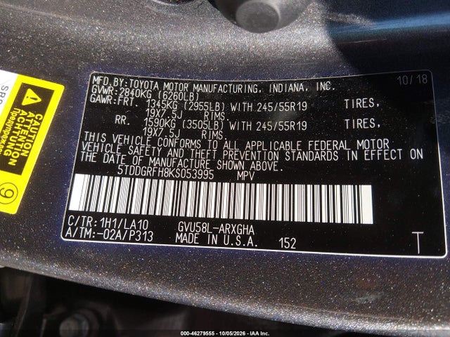 Aukcja sprzedaży 2019 Toyota Highlander Hybrid Limited Platinum, vin: 5TDDGRFH8KS053995, numer aukcji: 46279555