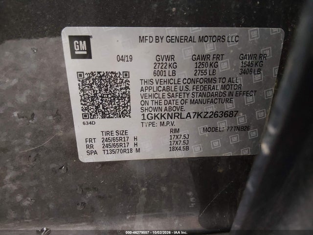 2019 Gmc Acadia Sle-1 მანქანა იყიდება აუქციონზე, vin: 1GKKNRLA7KZ263687, აუქციონის ნომერი: 46279557