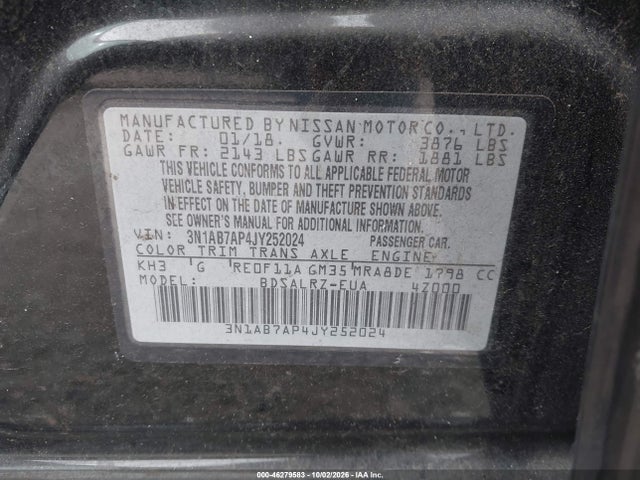 2018 Nissan Sentra Sr მანქანა იყიდება აუქციონზე, vin: 3N1AB7AP4JY252024, აუქციონის ნომერი: 46279583