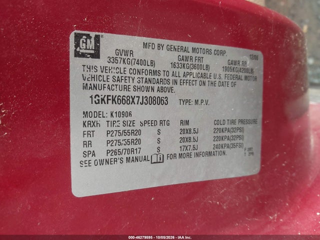 Продаж на аукціоні авто 2007 Gmc Yukon Xl 1500 Denali, vin: 1GKFK668X7J308063, номер лоту: 46279595