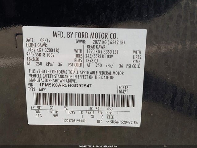 Продажа на аукционе авто 2017 Ford Utility Police Interceptor, vin: 1FM5K8AR5HGD92547, номер лота: 46279624