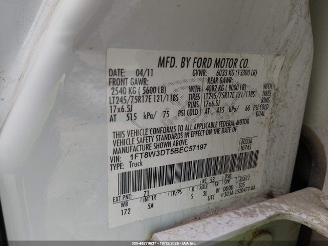 2011 Ford F-350 Lariat მანქანა იყიდება აუქციონზე, vin: 1FT8W3DT5BEC57197, აუქციონის ნომერი: 46279637