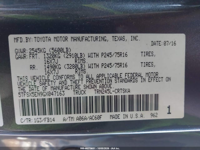46279651 :رقم المزاد ، 5TFSX5EN9GX047163 vin ، 2016 Toyota Tacoma Sr مزاد بيع