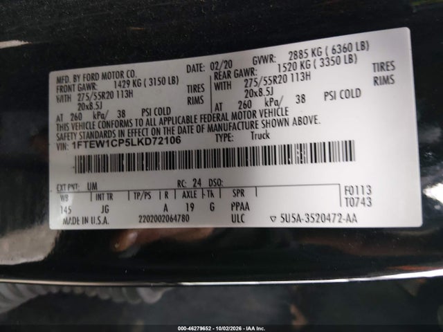 Aukcja sprzedaży 2020 Ford F-150 Xl, vin: 1FTEW1CP5LKD72106, numer aukcji: 46279652